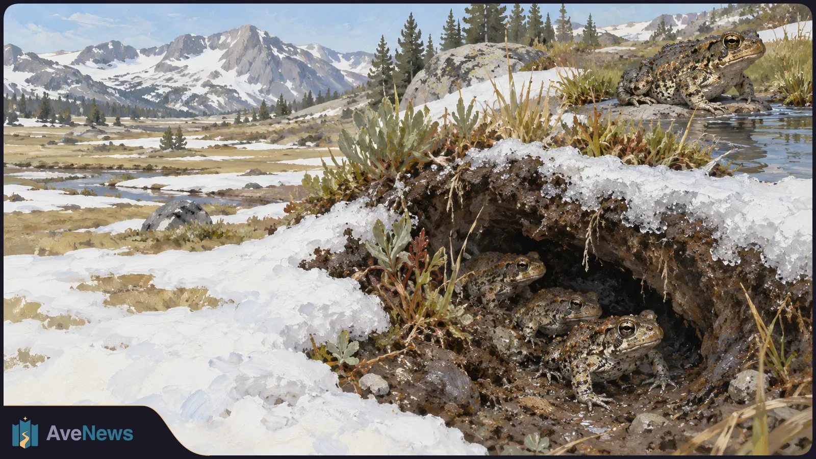Four mottled toads in a snowy mountain meadow: three shelter in an earthen burrow, while one sits beside a pond. SI illustration