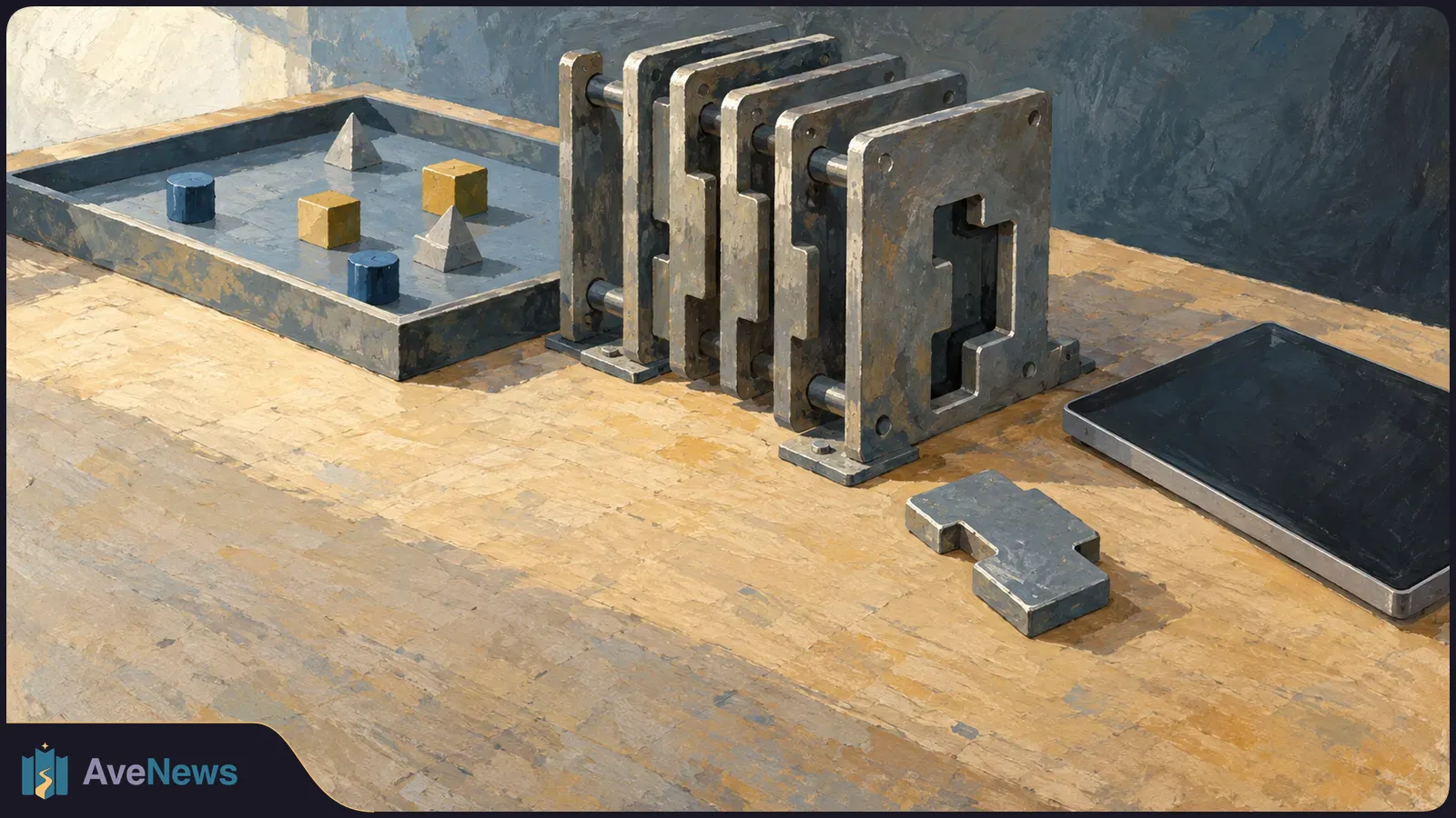 Painted illustration of stacked metal plates with keyhole-shaped openings, a loose metal piece, colored blocks in a tray, and a blank dark slab on a workbench. SI illustration