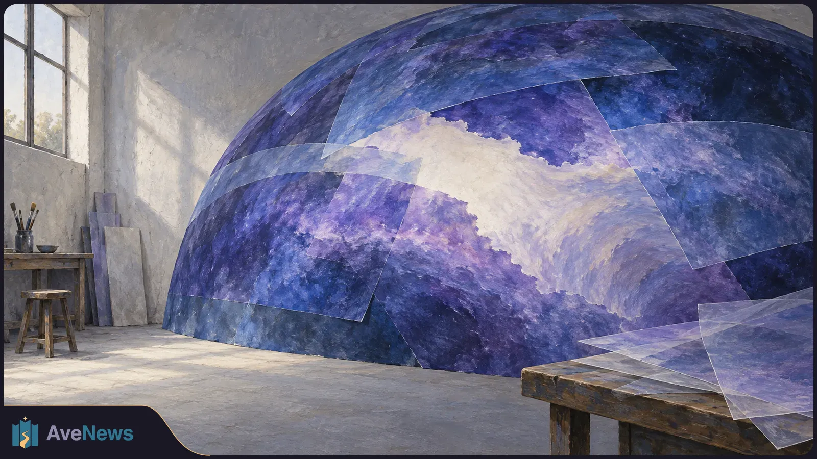 A huge blue-violet dome with a pale irregular patch and overlapping translucent sheets fills a sunlit studio; brushes and a wooden table sit nearby. SI illustration