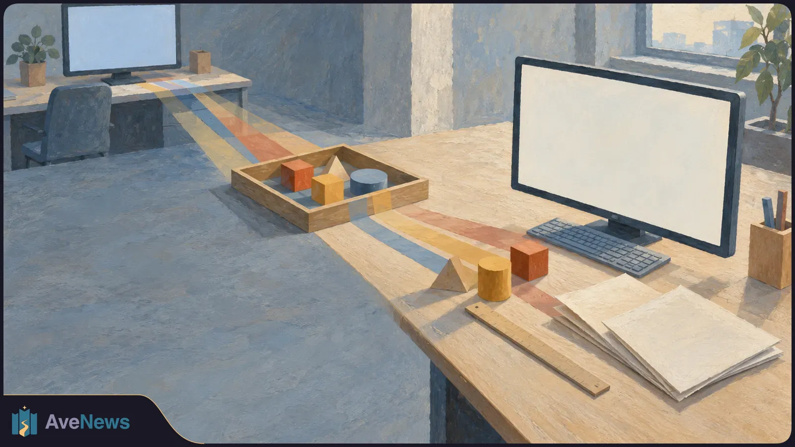 A painted office scene with two blank computer screens linked by colored bands passing through a tray of geometric blocks. Papers and a ruler lie on the front desk. SI illustration