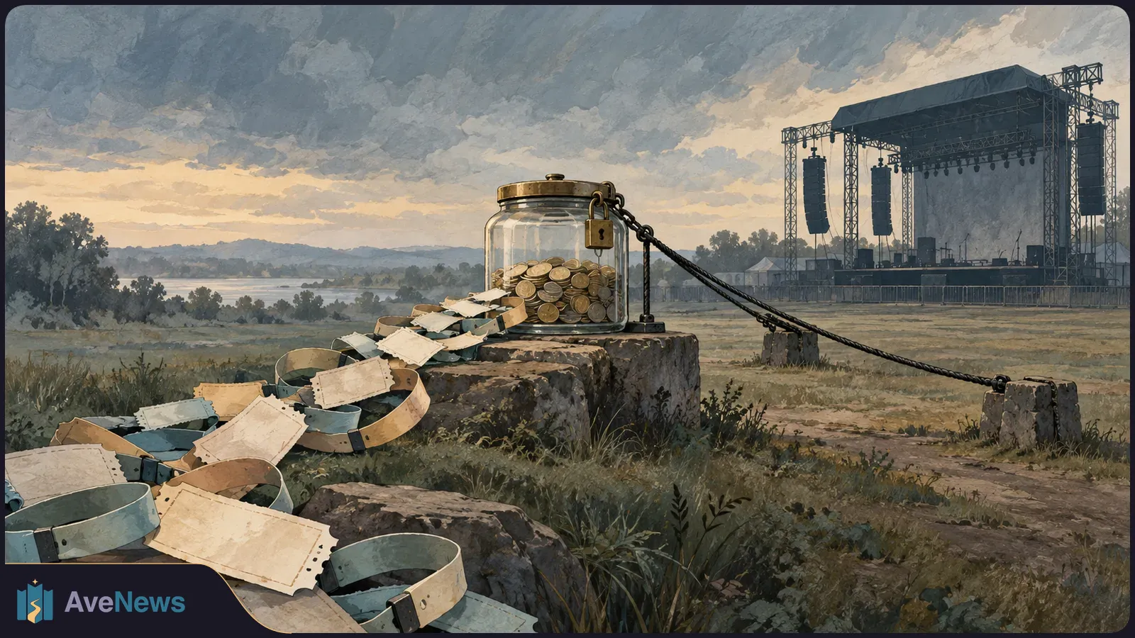 Illustration of blank tickets strewn across rocks beside a padlocked jar of coins, with an empty outdoor concert stage in the distance. SI illustration