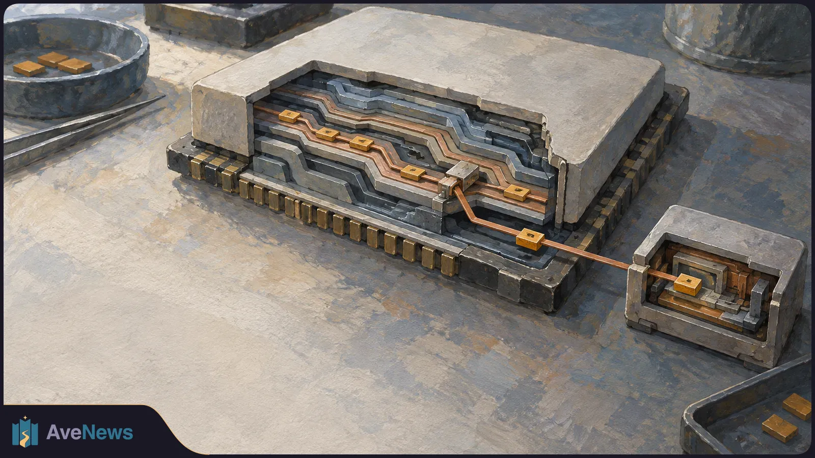 Painted illustration of an exposed chip with layered circuits and a copper pathway leading to a smaller module on a workbench. SI illustration