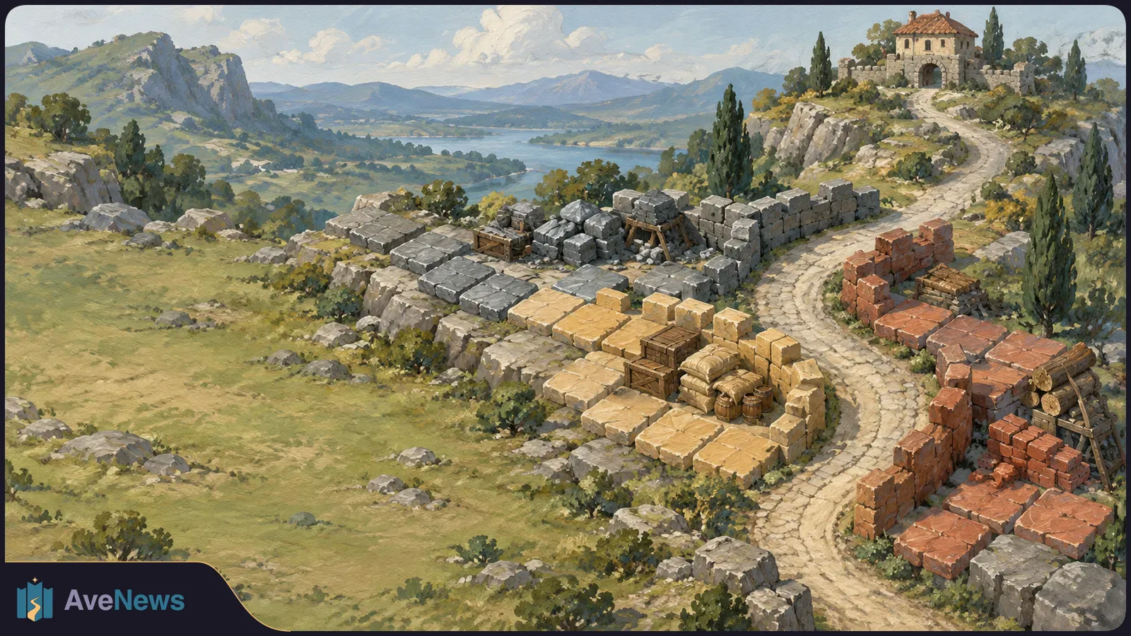Painted fantasy landscape with stacks of colored stone tiles beside a winding path leading to a hilltop castle, with mountains and a lake beyond. SI illustration