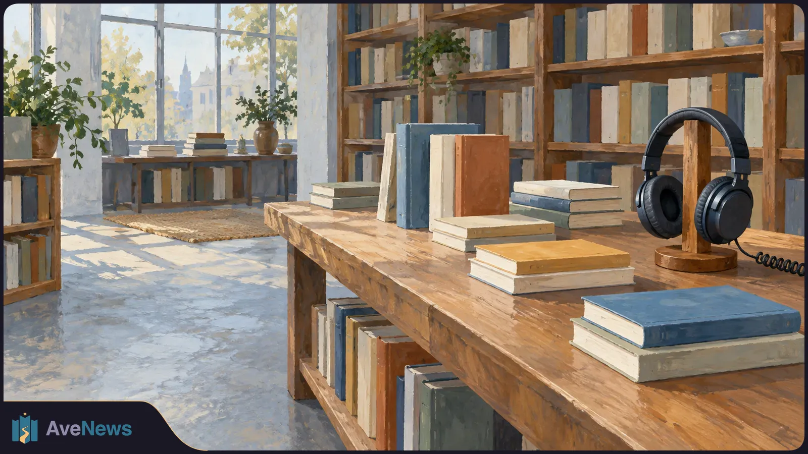 In a sunlit room lined with bookshelves, stacks of books sit on a wooden table beside black headphones hanging from a stand. SI illustration
