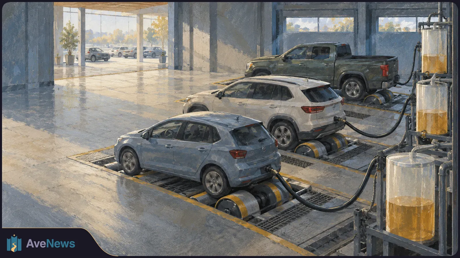 Painted scene of a hatchback, SUV and pickup on roller platforms in a garage, with hoses running from their rear ends to liquid-filled cylinders. SI illustration