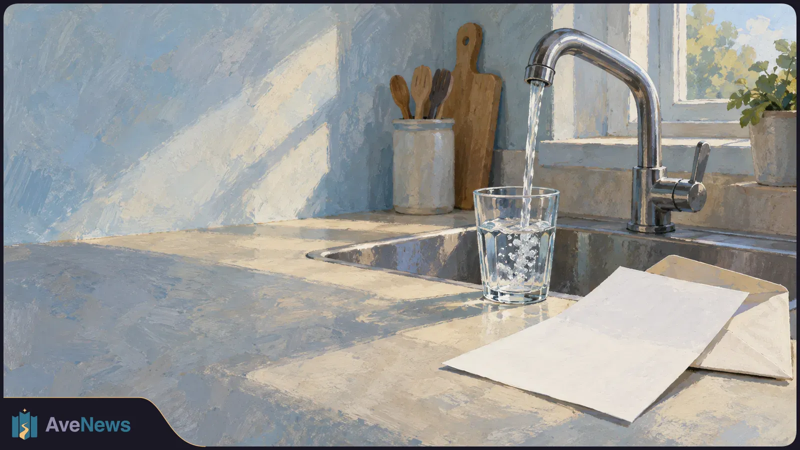 A painted kitchen counter with water pouring from a faucet into a glass beside a blank sheet and envelope. Utensils, a cutting board and a plant sit by the window. SI illustration