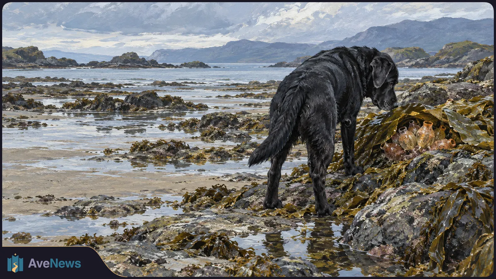 Painted scene of a black dog standing on seaweed-covered rocks at low tide, looking toward a cluster of small vase-shaped forms beside a rocky bay. SI illustration