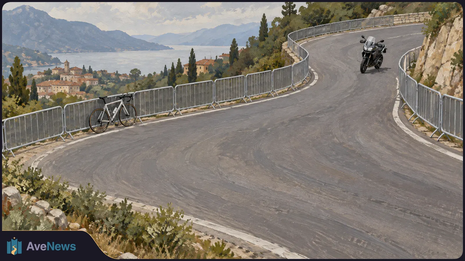A painted mountain road bends past barriers above a lakeside village, with a bicycle parked beside the road and a motorcycle farther around the bend. SI illustration