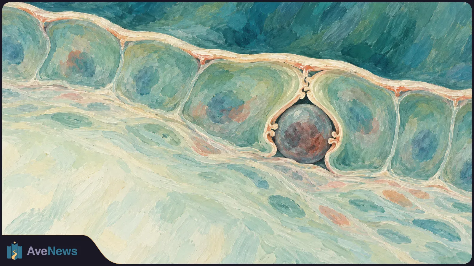 Painted close-up of pale green cells cupping a dark round cell within a continuous tissue layer. SI illustration