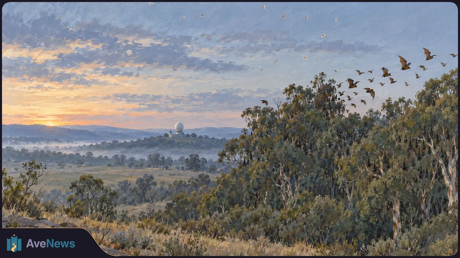 Painted landscape at sunset: bats fly above trees, with a white radar dome on a distant hill. SI illustration
