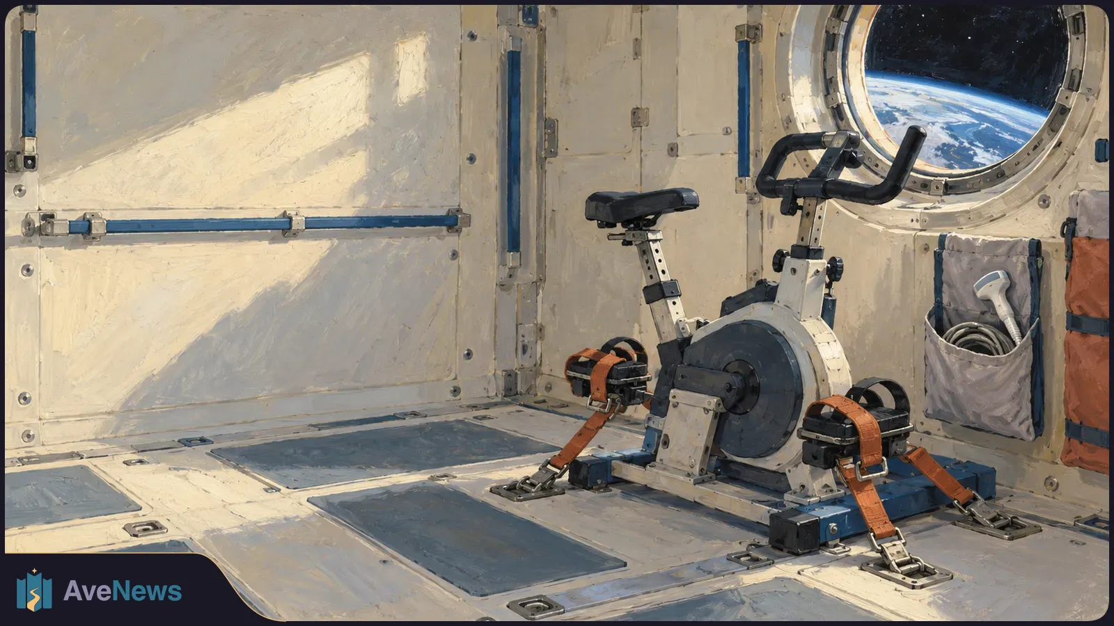 A stationary exercise bike is strapped to the floor of a spacecraft cabin beside a round window looking out on Earth. SI illustration