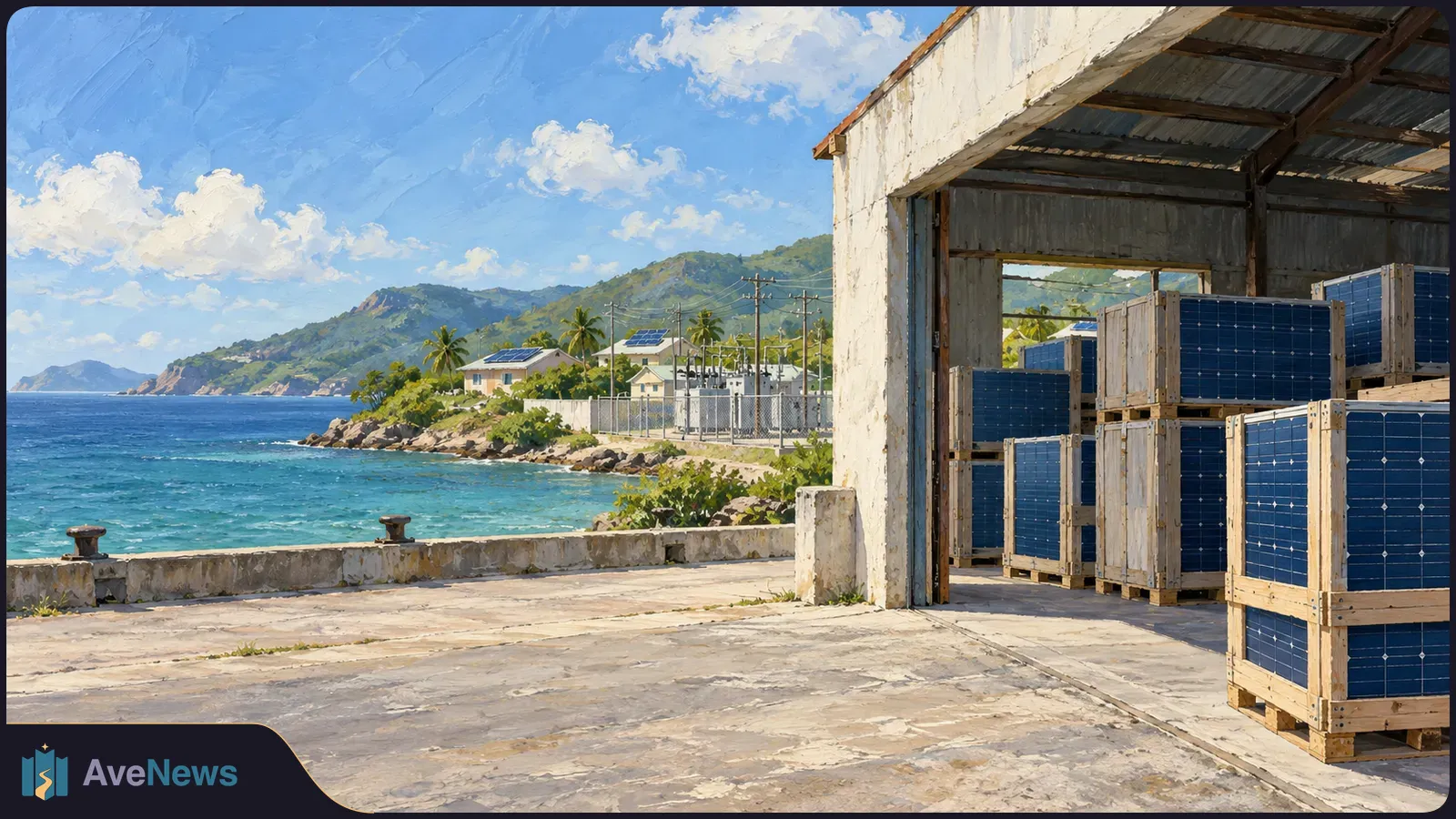 Wooden crates of blue solar panels fill an open seaside warehouse; houses with rooftop panels and green hills line the coast beyond. SI illustration