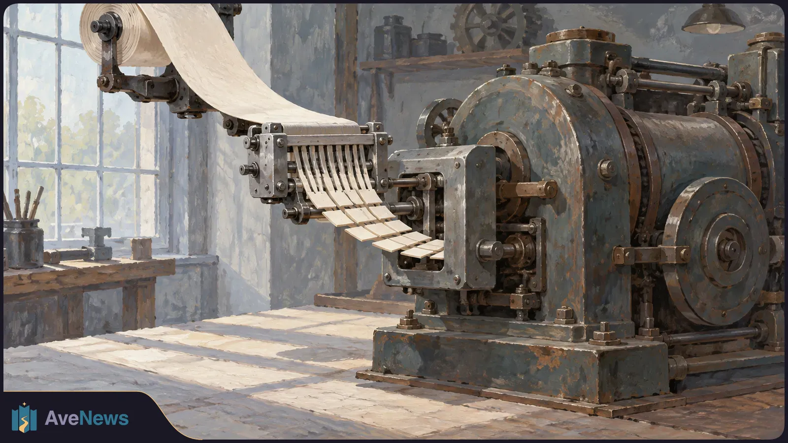 A long roll of paper feeds into an old machine and emerges as rows of small rectangular pieces in a sunlit workshop. SI illustration