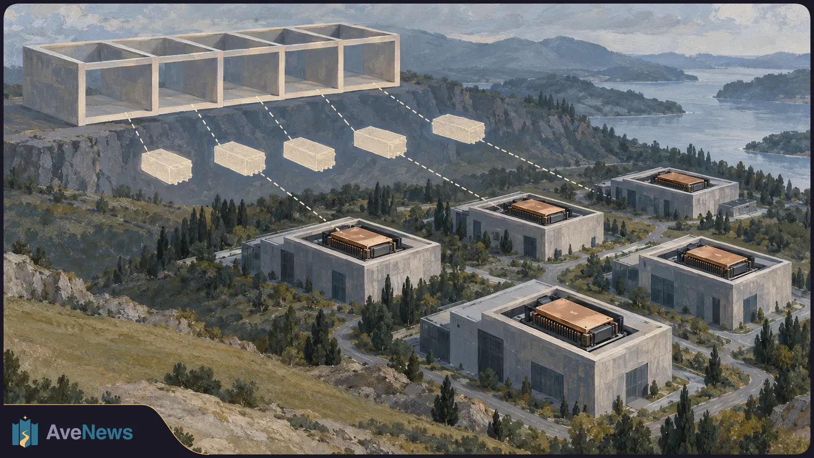 Painted aerial view of five data-center buildings in a mountain valley, with dashed lines connecting their rooftops to five floating chip-like modules beneath a five-bay structure. SI illustration