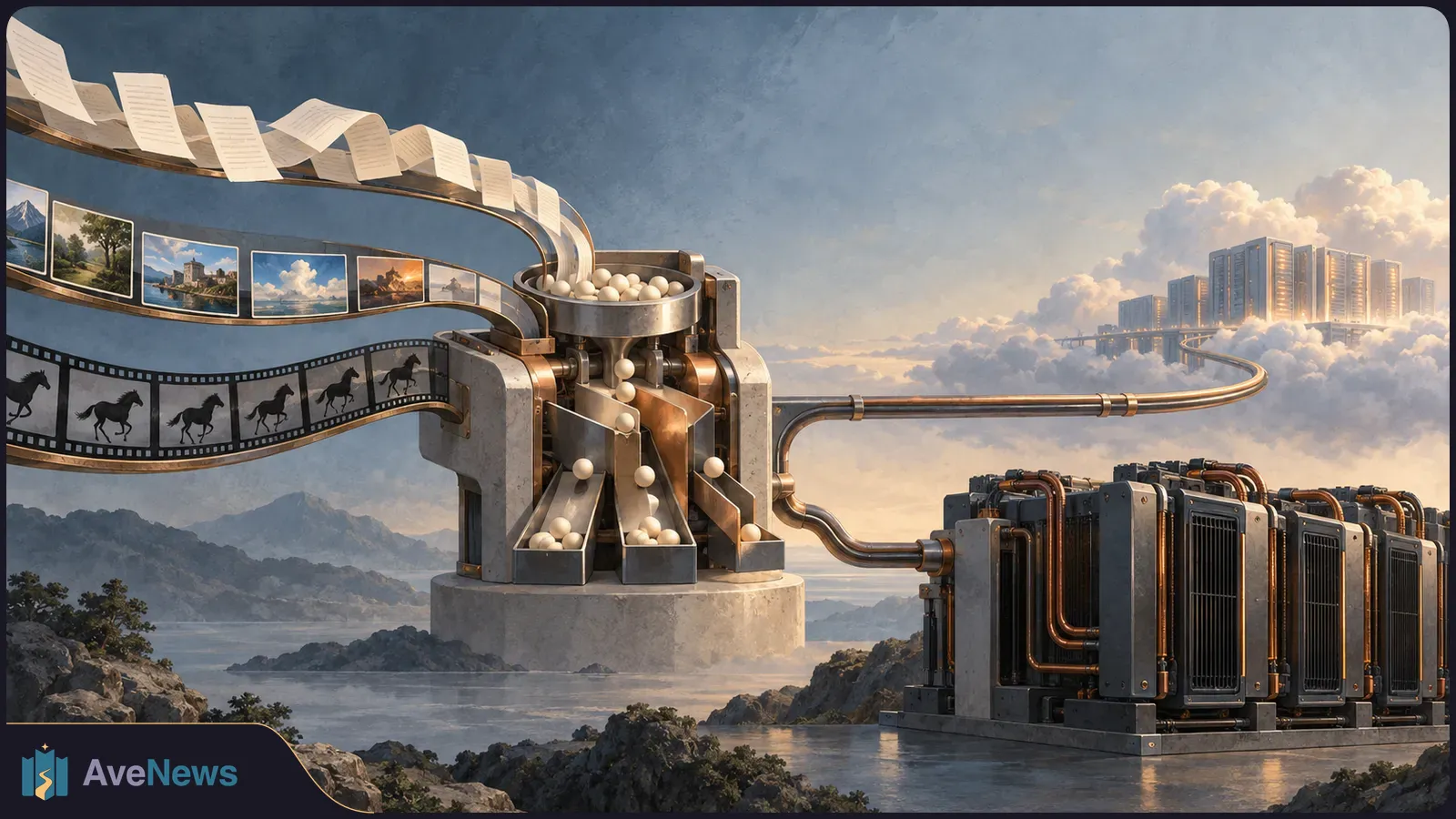 Illustration of pages, picture cards and a horse filmstrip feeding into a central machine, with pipes leading to server racks and cloud-top buildings. SI illustration