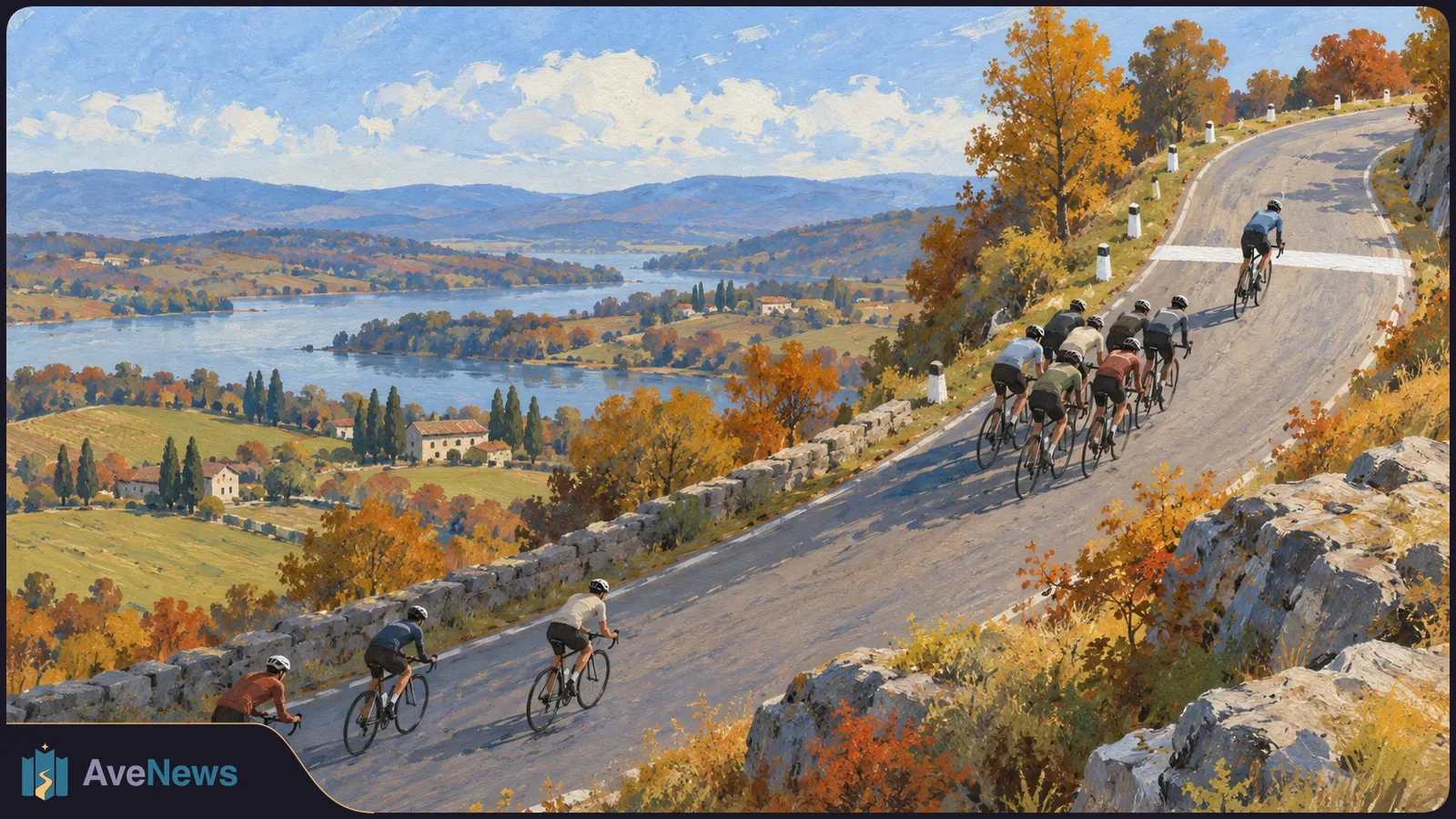A painted scene of cyclists riding uphill on a winding road above a lake, with autumn trees, fields and distant mountains. SI illustration
