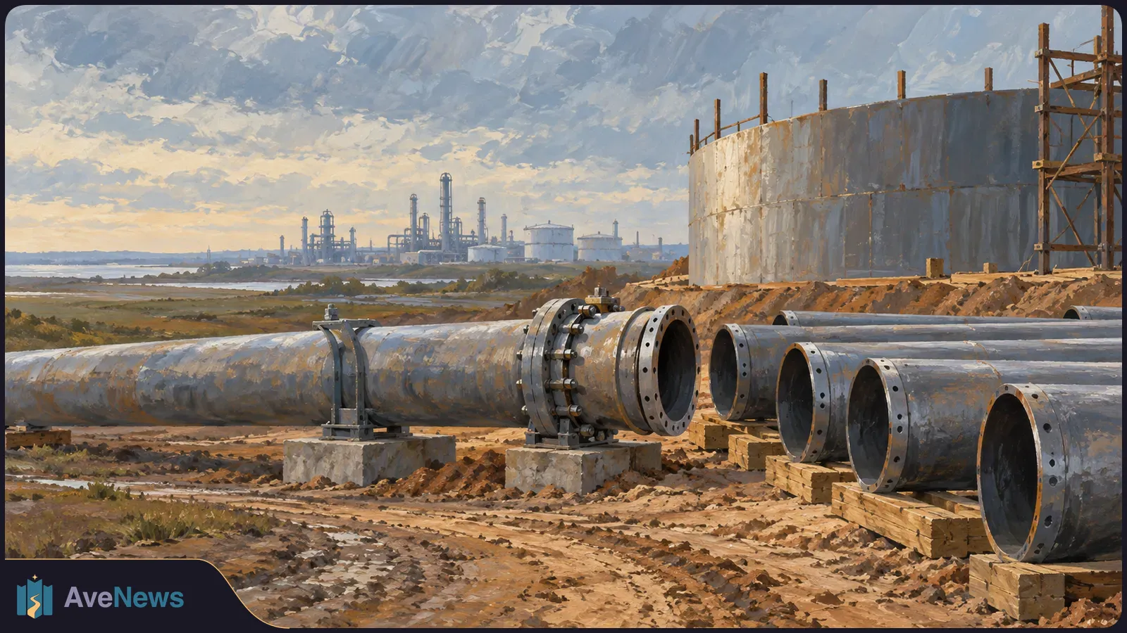 Painterly illustration of large metal pipes at a dirt construction site, with a storage tank and distant refinery beneath a cloudy sky. SI illustration
