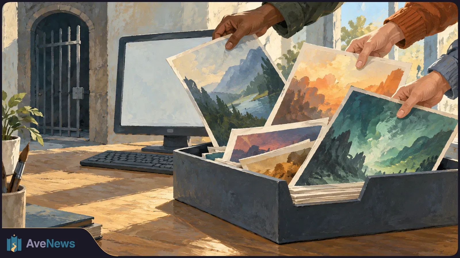 Illustration of three hands sorting landscape prints in a black tray on a desk, with a blank monitor, keyboard and paintbrushes nearby. SI illustration