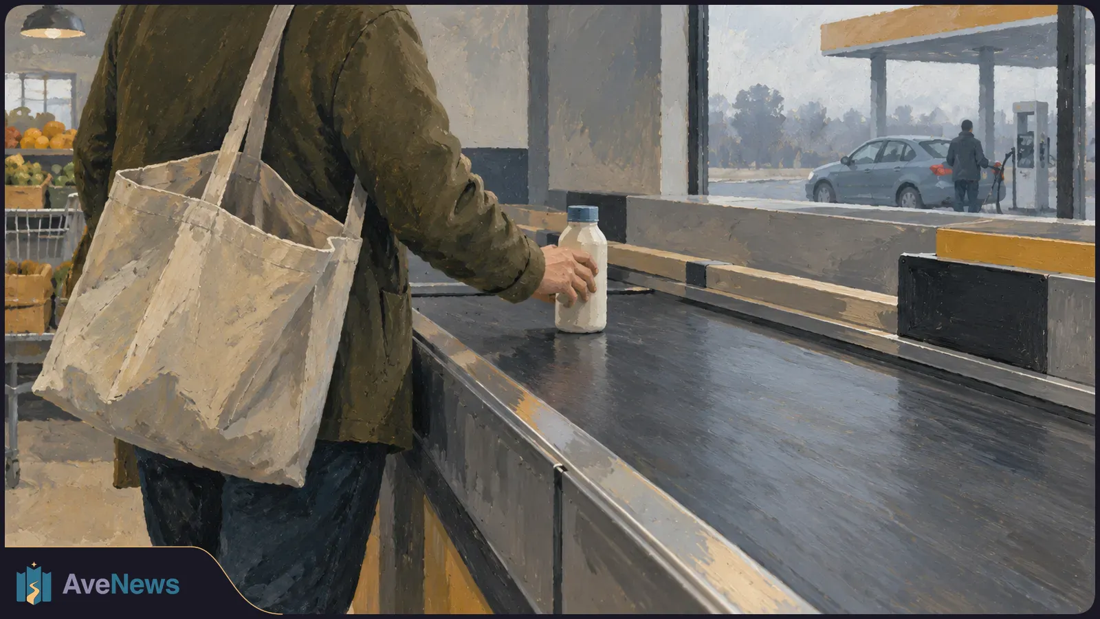Painted scene of a shopper with a canvas tote placing a bottle on a supermarket checkout belt; produce is at left, and a car at a fuel pump is visible through the window. SI illustration