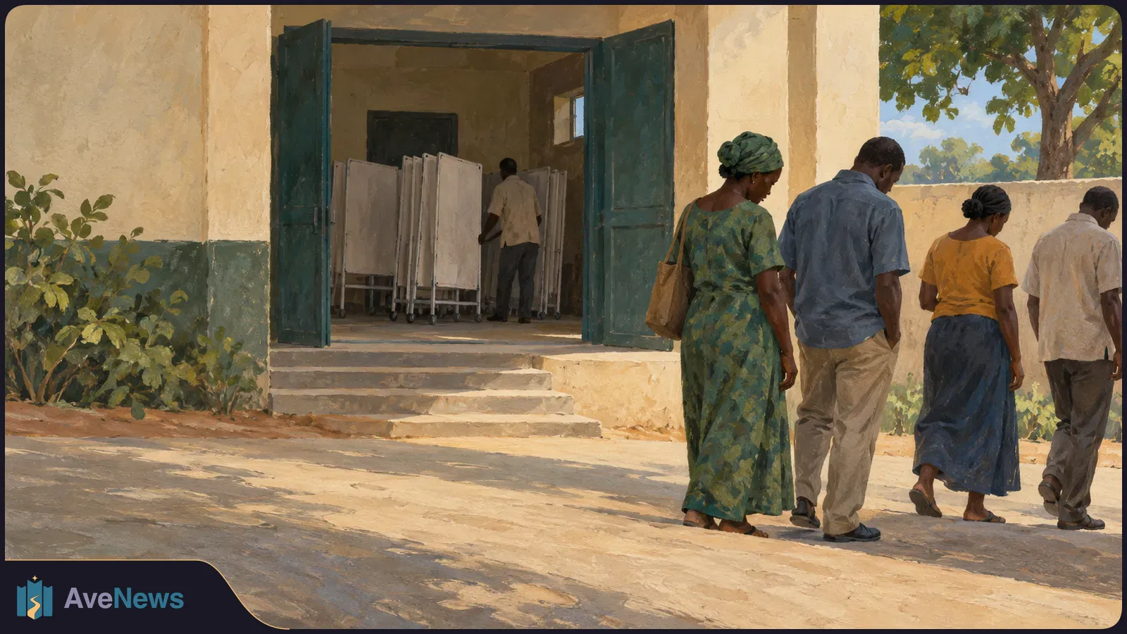 Painted scene of four adults walking past a building with open green doors; another person stands inside among folded privacy screens. SI illustration