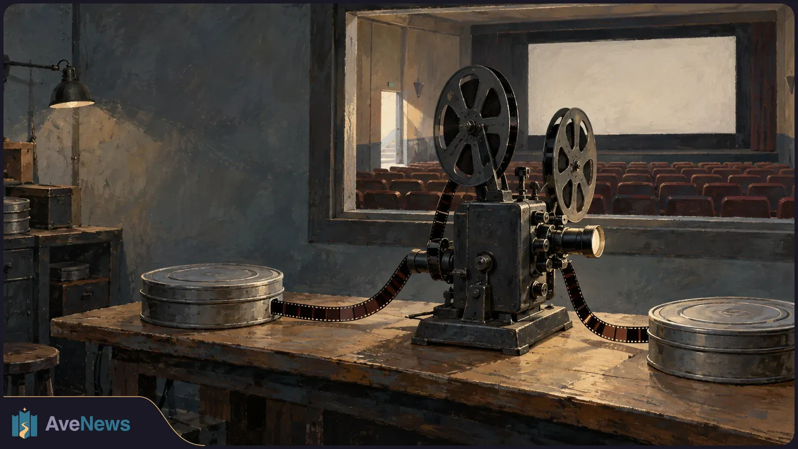 A film projector and two film cans sit in a booth overlooking empty cinema seats and a blank screen. SI illustration