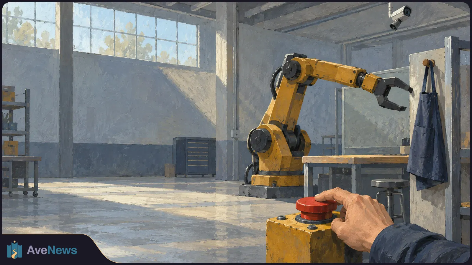 In a sunlit workshop, a hand presses a red emergency-stop button near a yellow robotic arm, while a security camera hangs overhead. SI illustration