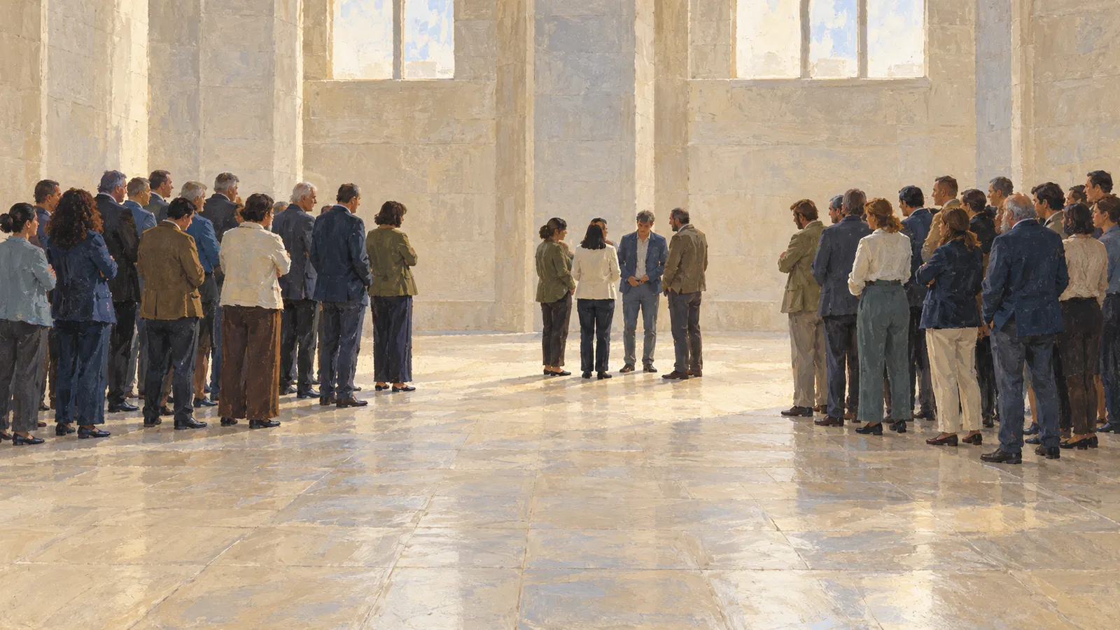 A painterly illustration of two groups of people standing on either side of a bright, spacious hall, with four people gathered in the center. SI illustration