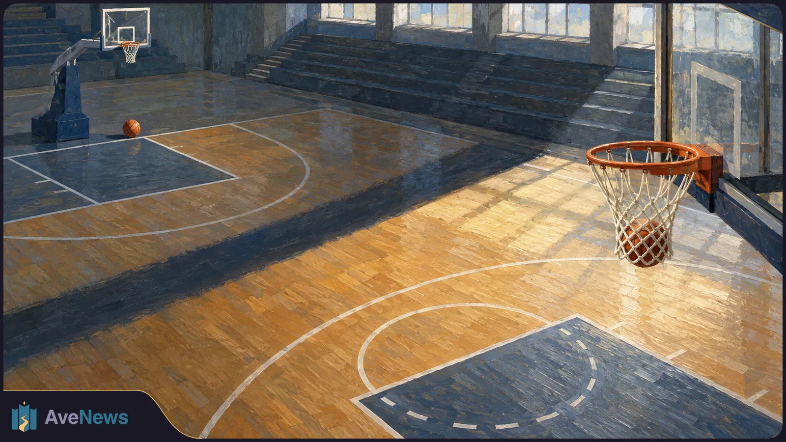 Painted view of an empty indoor basketball court, with a ball caught in the near hoop’s net and another ball beneath the far basket. SI illustration