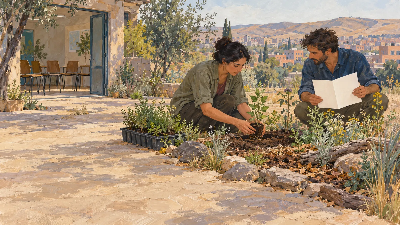 Illustration of a woman planting a seedling beside a man holding a blank folded sheet, with chairs in an open room and a hillside town in the background. SI illustration