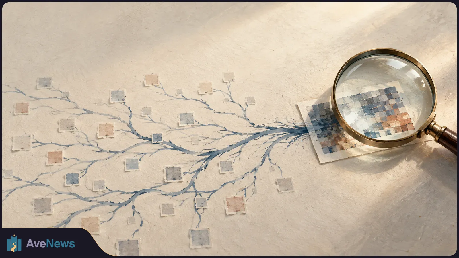 Blue branching lines connect small squares across a cream background. At right, a magnifying glass covers a pixelated image on paper. SI illustration