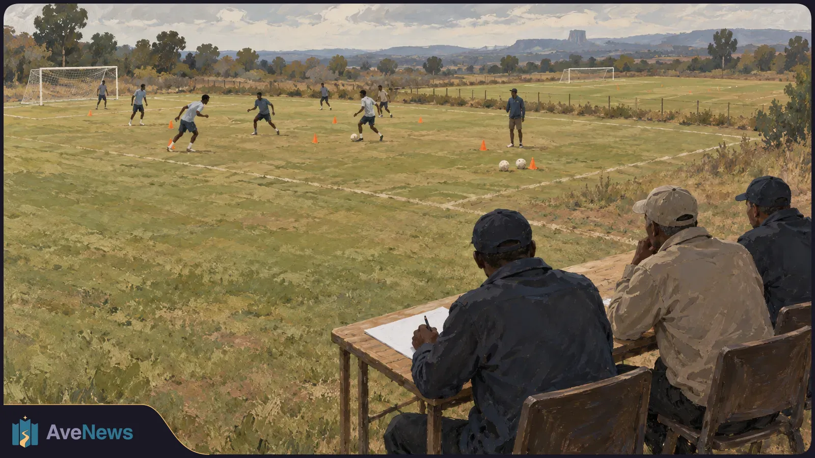 Players practice around orange cones on a grassy football field while three people watch from a table. Goalposts and distant hills fill the background. SI illustration