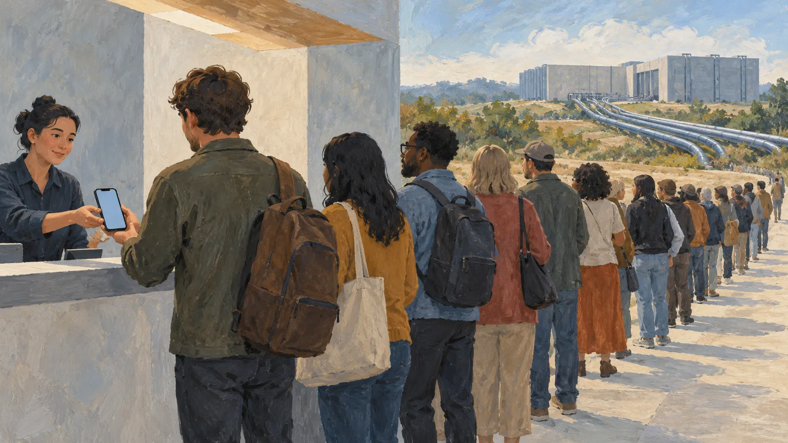 Painted scene of people lining up at a counter, where a woman looks at a customer's phone. Large buildings and rows of pipes appear in the distance. SI illustration
