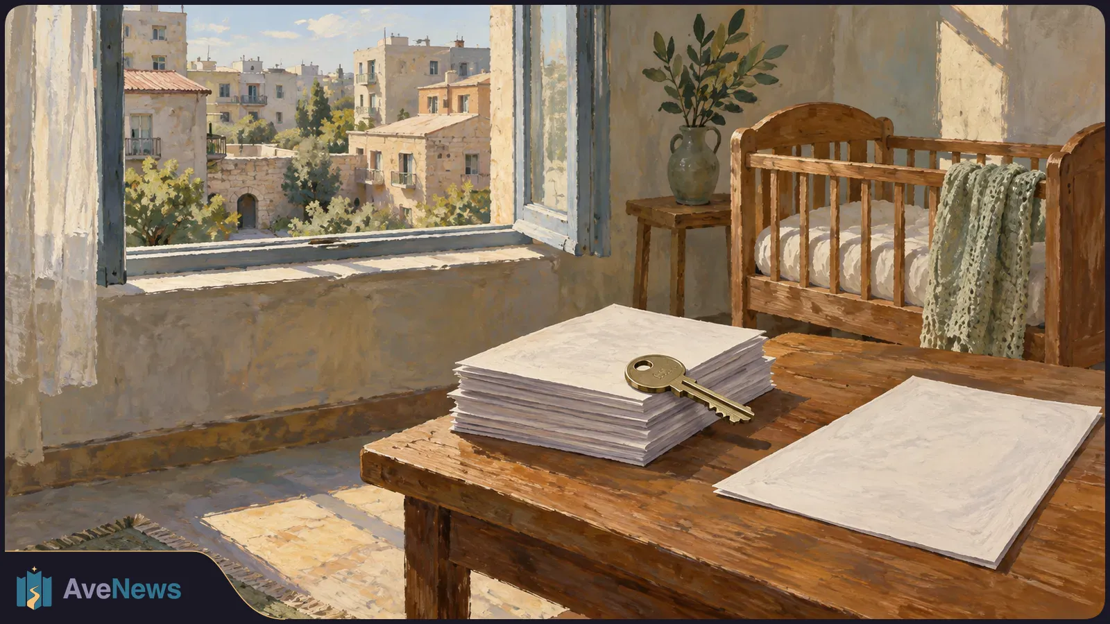 A painted nursery with a wooden crib beside a table holding a key and blank papers; apartment buildings are visible through an open window. SI illustration