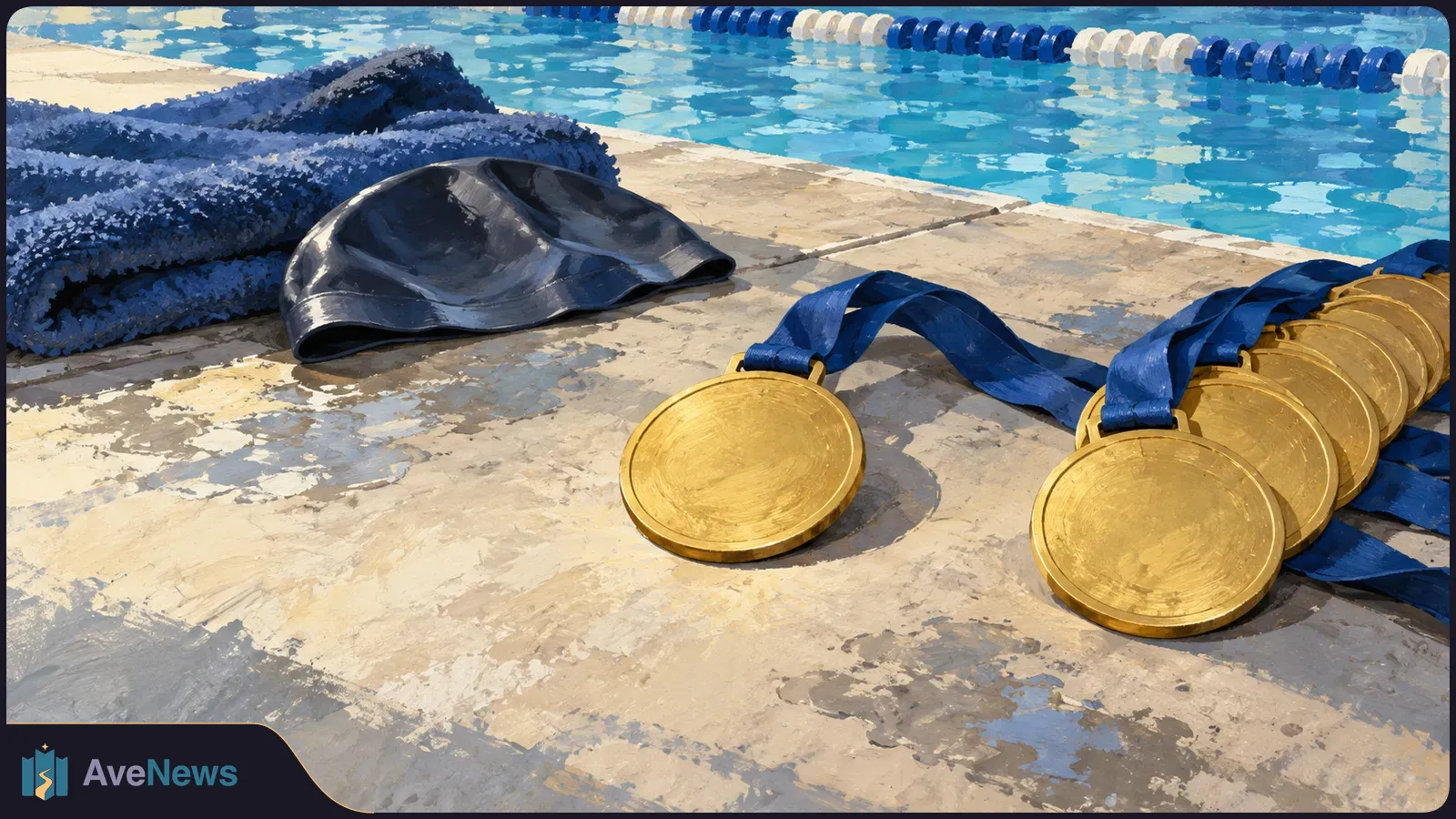 Gold medals with blue ribbons, a swim cap and a towel lie beside a pool with blue-and-white lane dividers. SI illustration