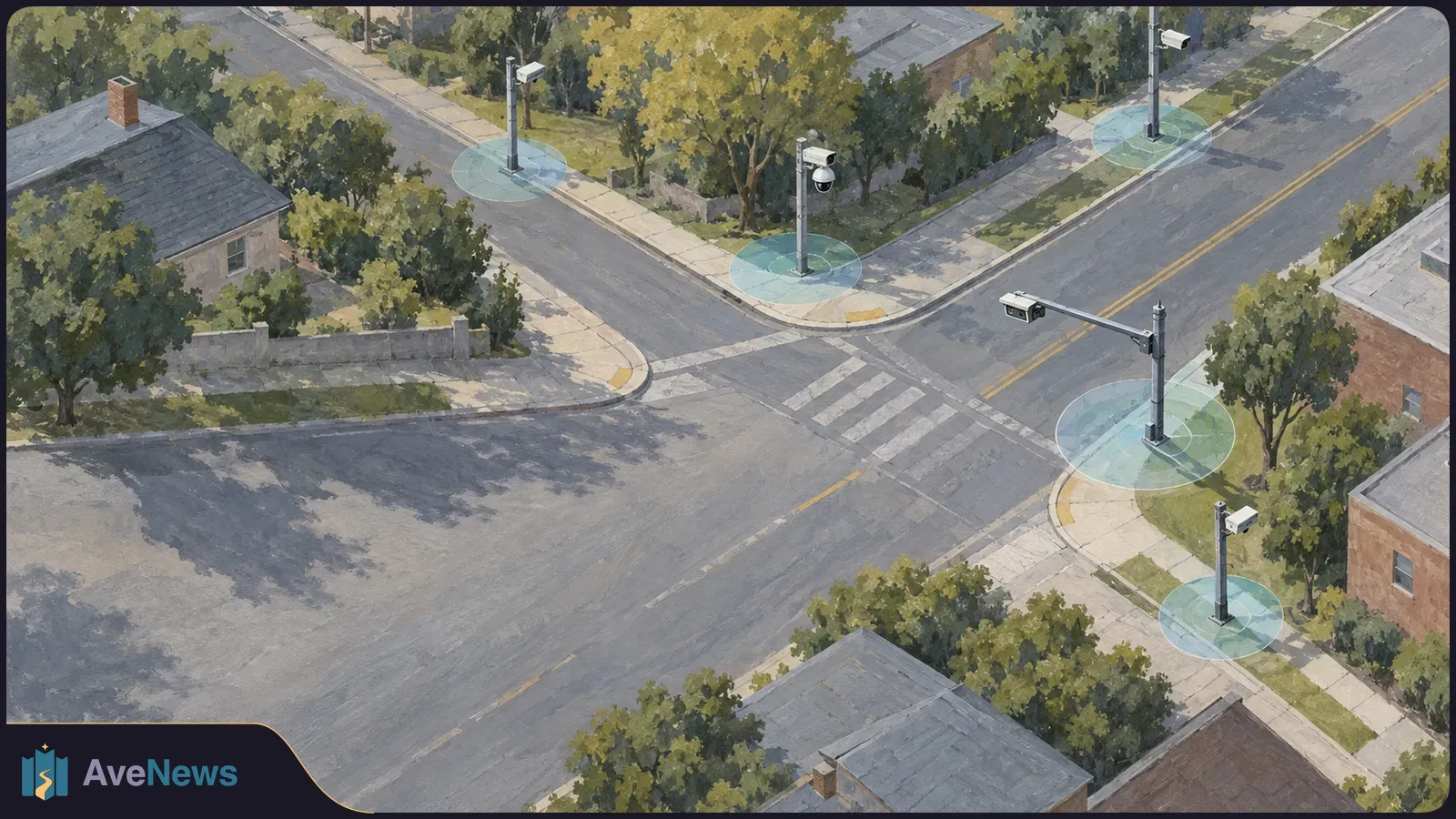 Painted aerial view of an empty residential intersection with several surveillance cameras on poles and translucent blue circles around them. SI illustration