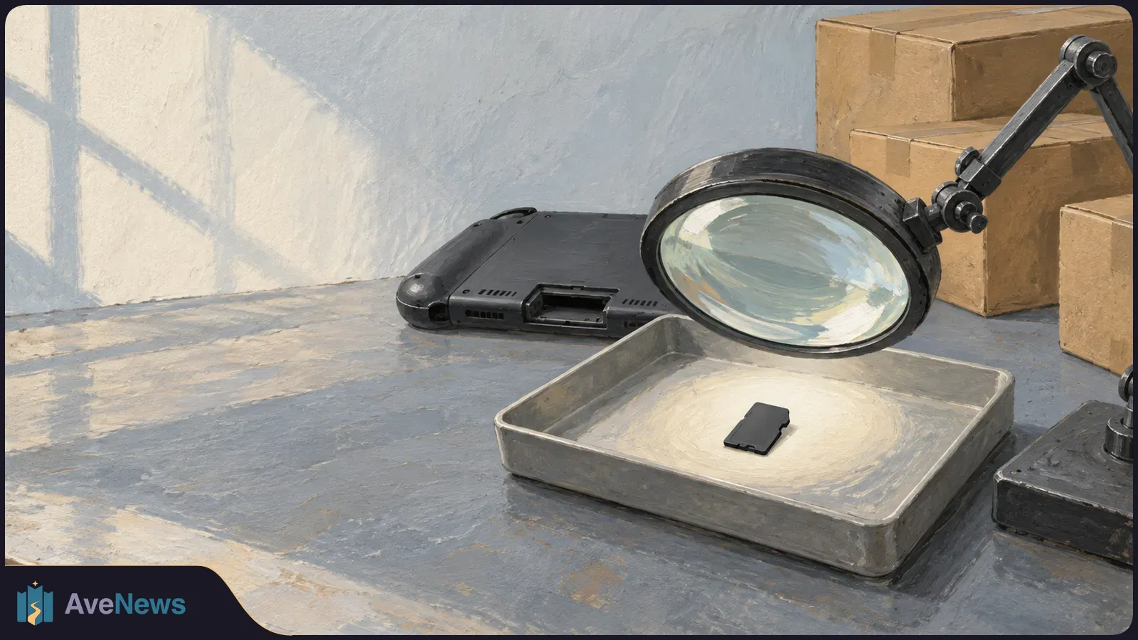 Painted illustration of a small memory card in a metal tray beneath a magnifying glass, with a handheld game device and cardboard boxes behind it. SI illustration