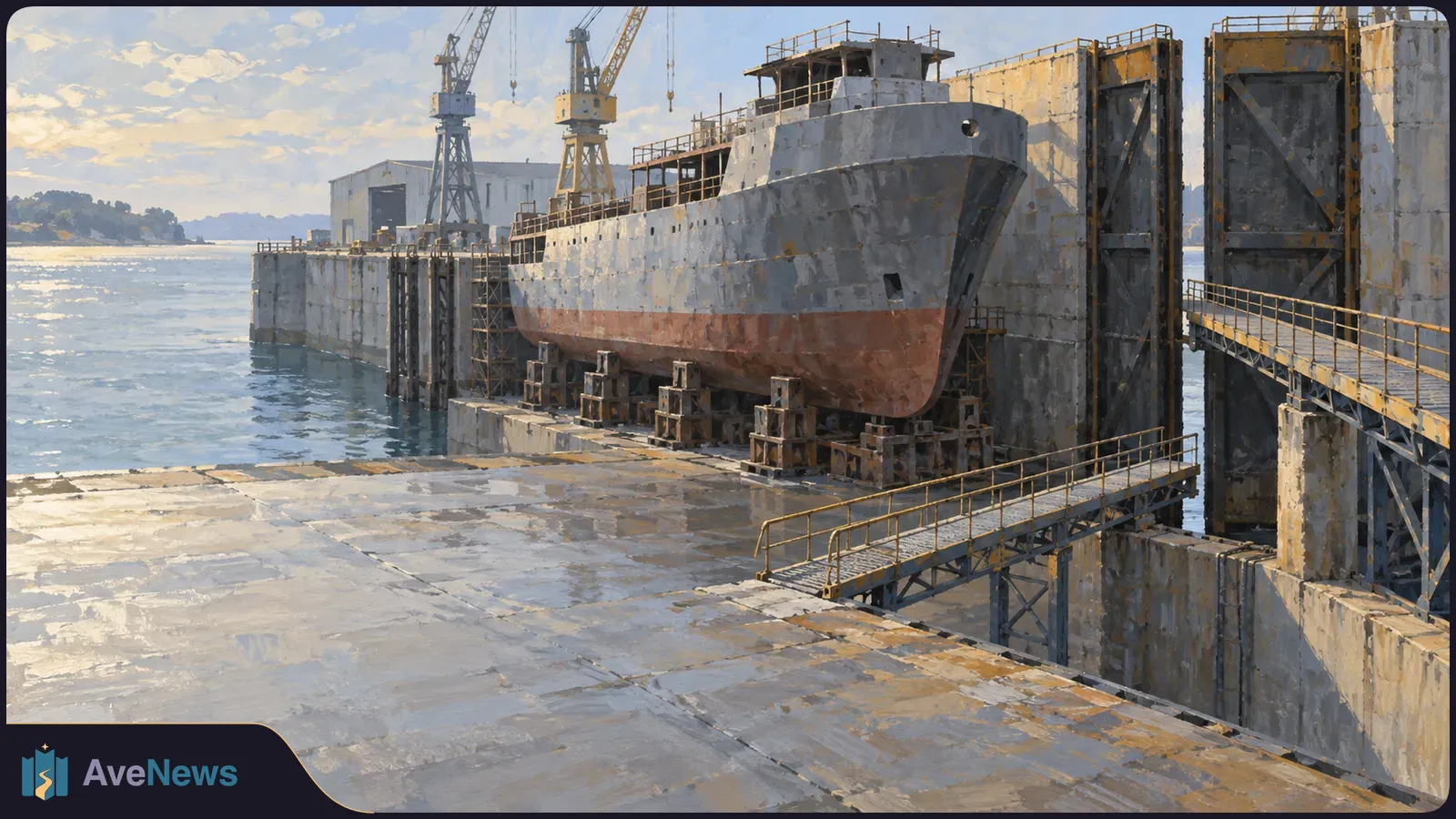 Painterly view of a large gray ship on supports in a waterfront dry dock, with cranes, concrete walls and walkways. Water stretches to the left. SI illustration