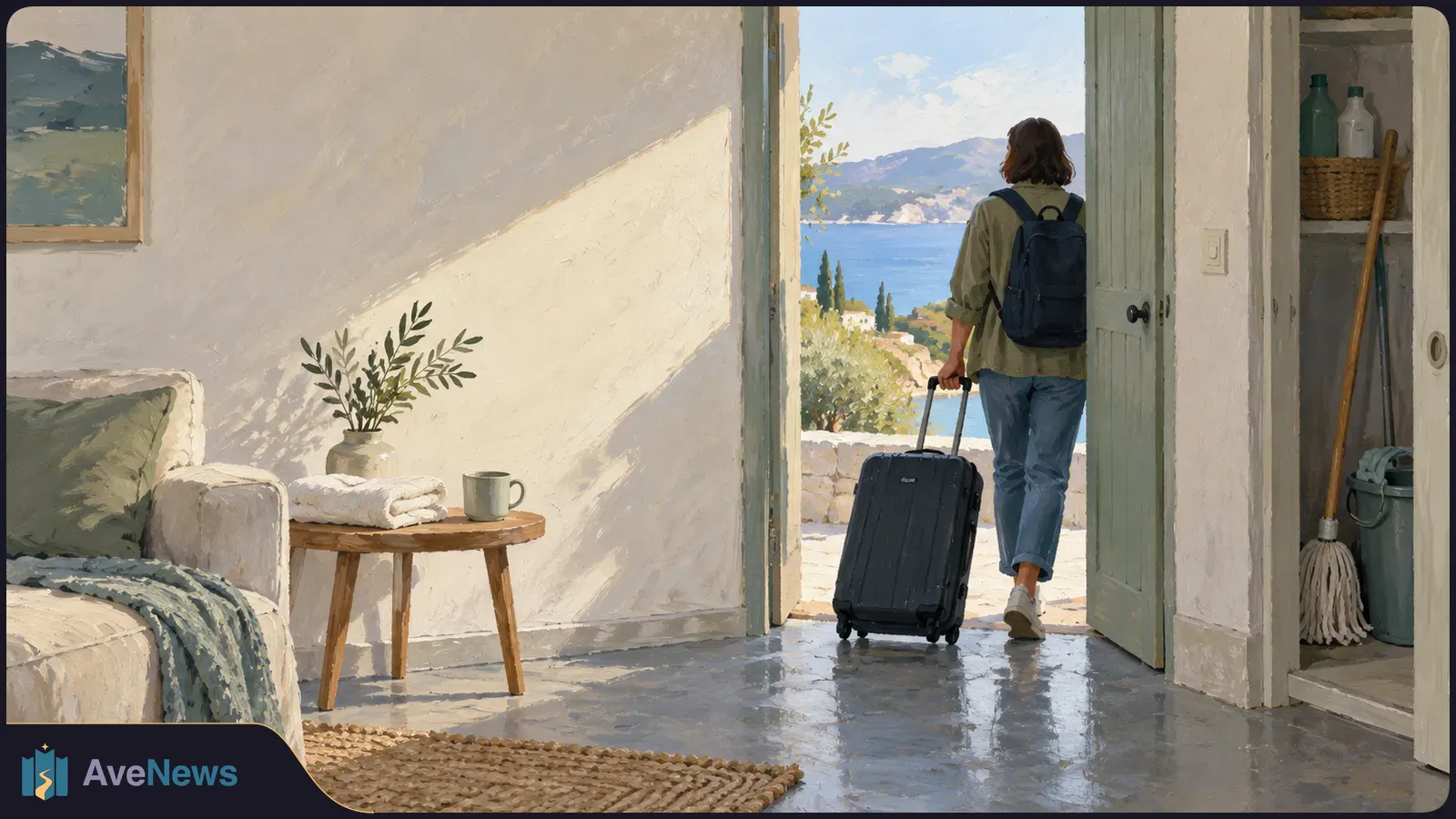 Painted scene of a traveller with a backpack and rolling suitcase walking through an open doorway toward the sea. A sofa, small table and cleaning supplies are visible inside. SI illustration