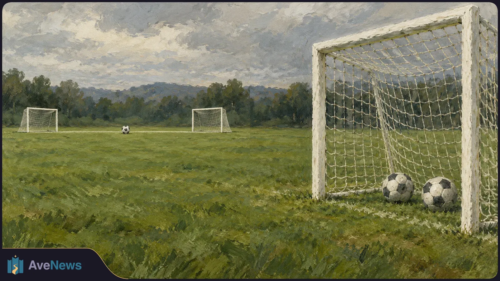 Painterly illustration of an empty grassy football field with a large goal and two balls in the foreground, two distant goals and a ball beneath a cloudy sky. SI illustration