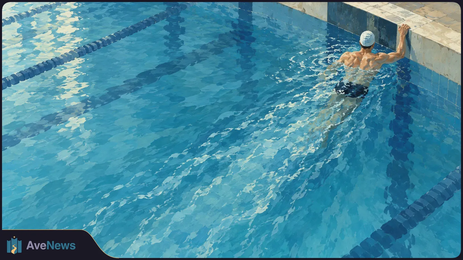 Illustration of a swimmer in a white cap holding the edge of a blue lap pool, seen from behind between lane dividers. SI illustration