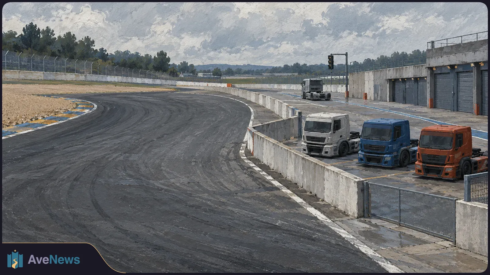 Four truck cabs stand beside garages at a racetrack pit lane, next to a sweeping bend under a cloudy sky. SI illustration