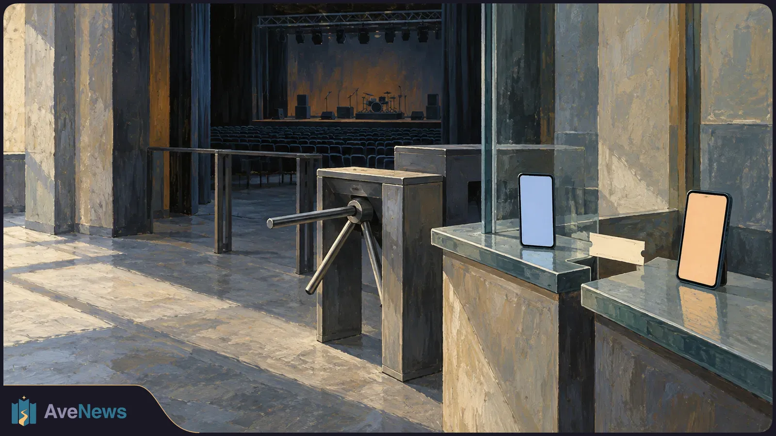 An empty concert-hall entrance with a turnstile, two phones showing blank blue and peach screens on glass counters, and a stage with drums in the background. SI illustration