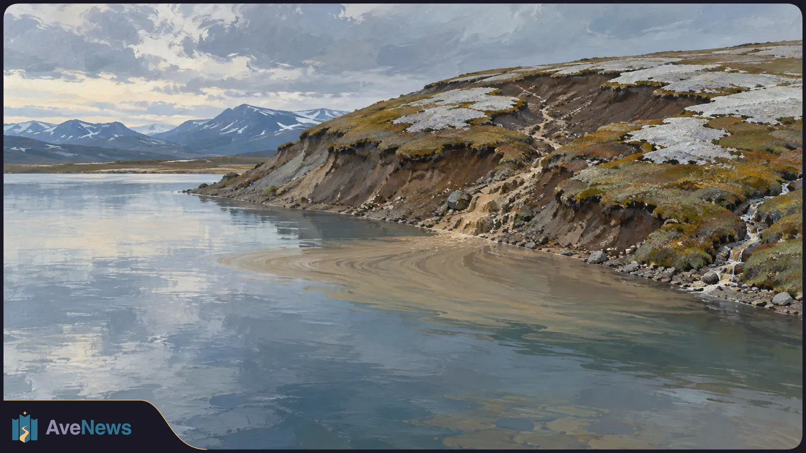 Painted landscape of an eroded, patchily snow-covered hillside beside a lake, with muddy water at the shore and mountains beneath a cloudy sky. SI illustration
