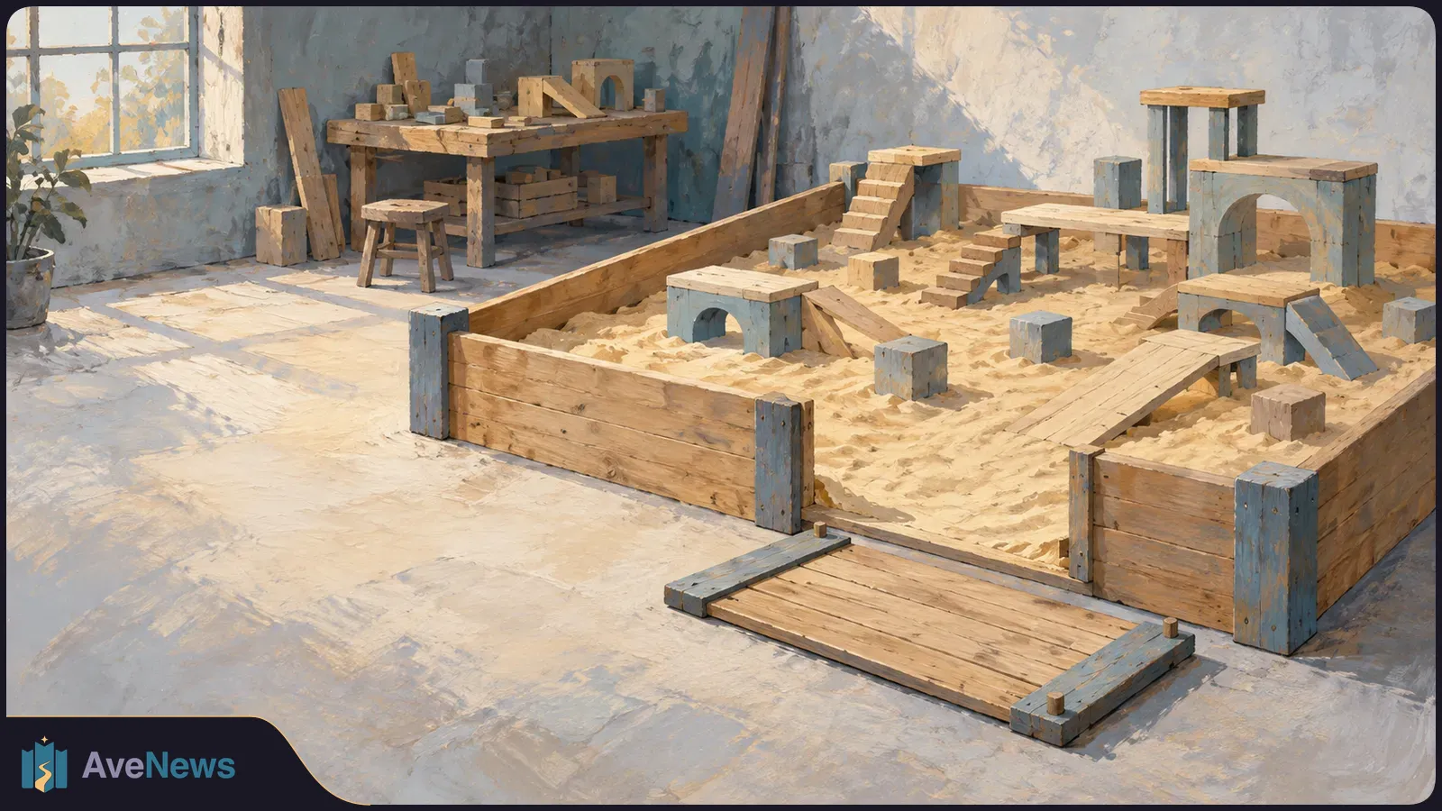 A painted, sunlit workshop with a large sandpit filled with small wooden ramps, stairs, arches and blocks. More building pieces sit on a workbench behind it. SI illustration