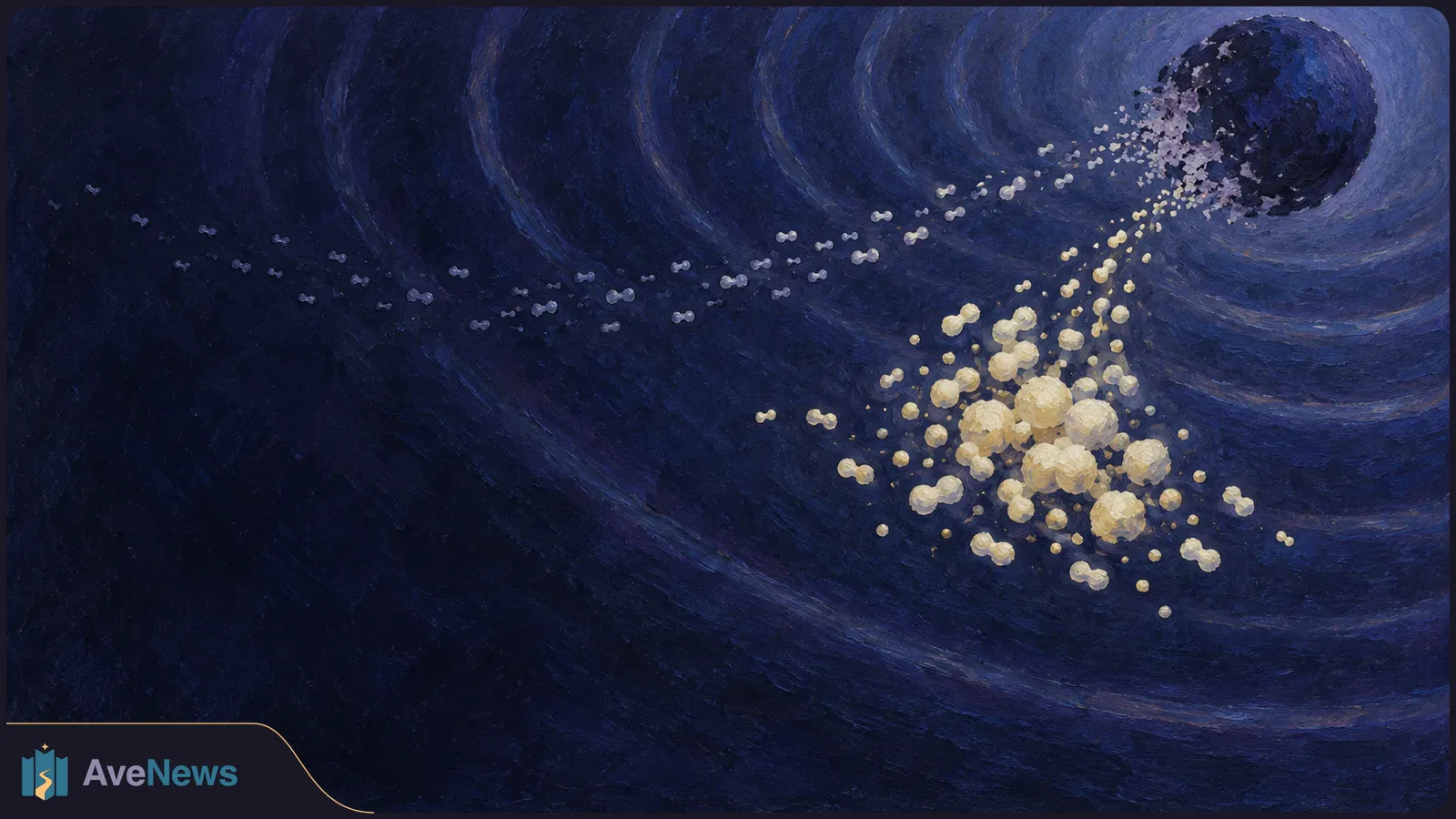 A painted dark blue swirl surrounds a dark sphere at the upper right. White specks trail from it toward pale yellow clusters of dots below. SI illustration