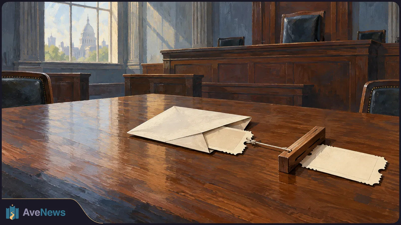 Painted empty courtroom with a wooden bench. An envelope and blank ticket-shaped slips lie on a table; a domed building is visible through the window. SI illustration