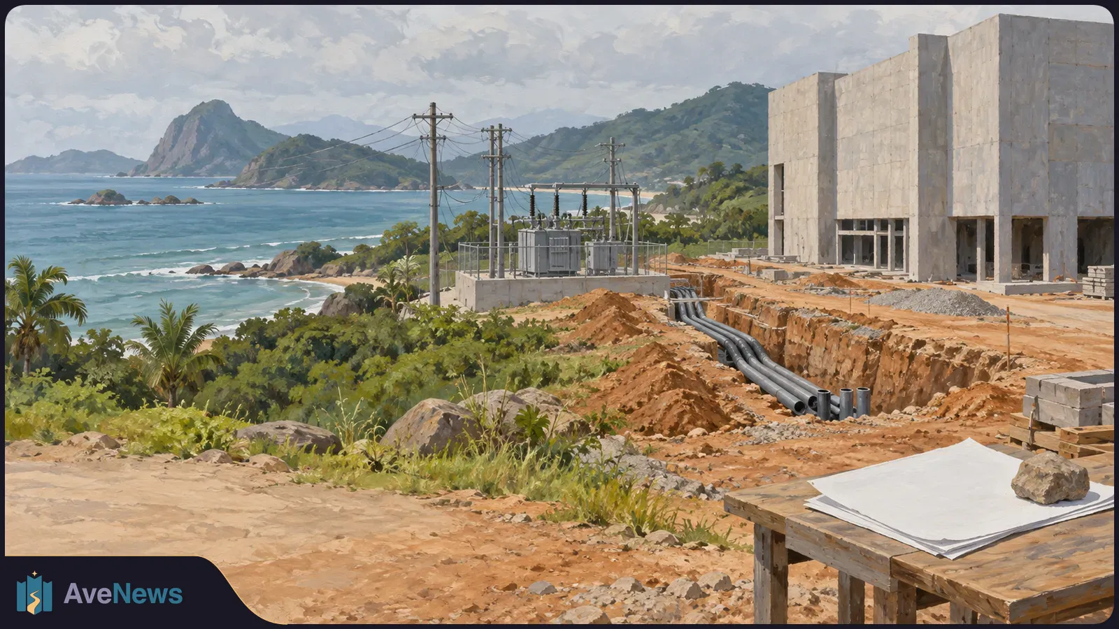 Painted coastal construction site with an unfinished concrete building, electrical equipment, conduits in a trench, and blank sheets on a wooden table. SI illustration