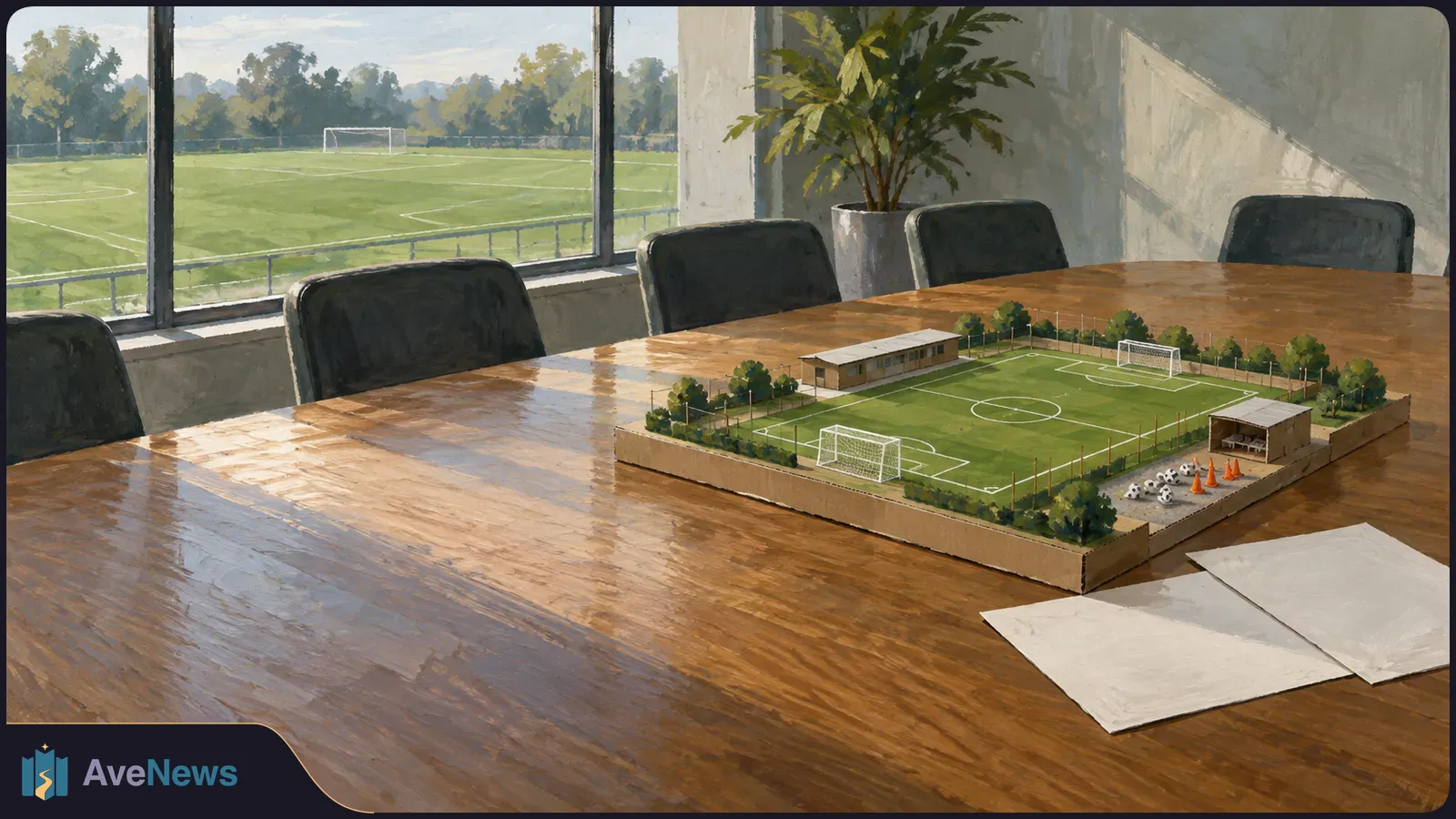 Painted meeting room with a miniature football field and buildings on a wooden table, blank sheets nearby, and a full-size field visible through the windows. SI illustration