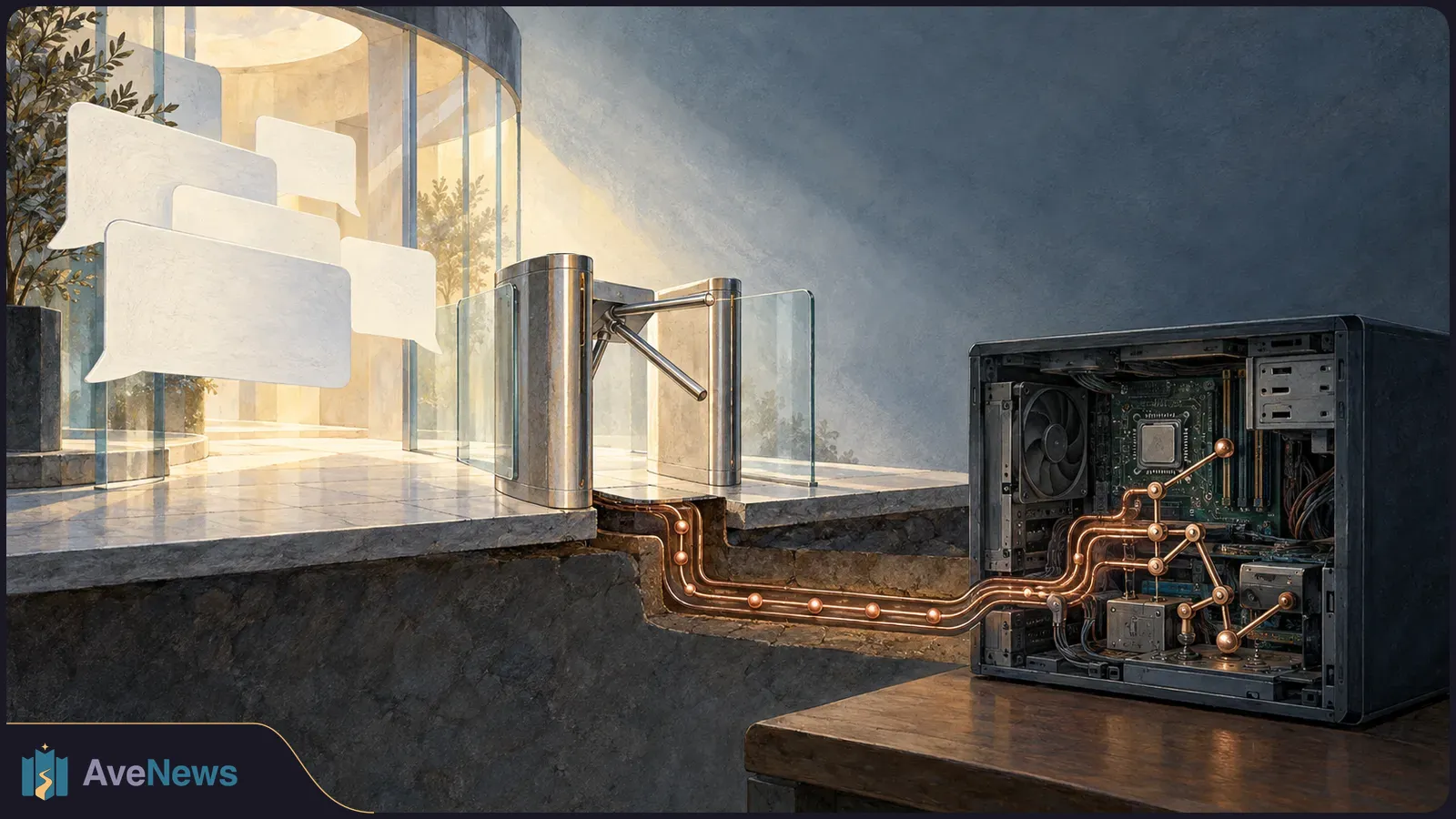 Blank chat bubbles float beside a glass turnstile. Glowing copper lines run beneath it to an open desktop computer case. SI illustration