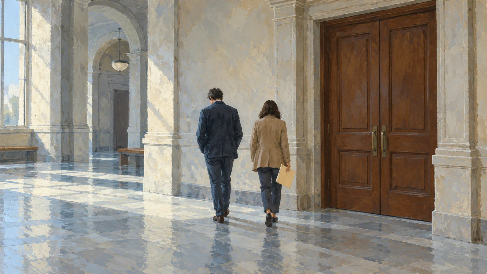 A painting of two people walking through a sunlit marble hallway beside large wooden double doors; one carries a folder. SI illustration